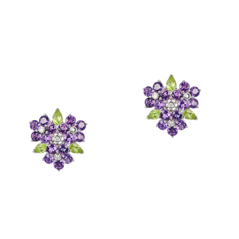 Amethyst and Peridot Diamond Flower Earring Studs