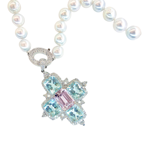 Divine Lavender Pink Kunzite, Aquamarine and Diamond Brooch Pendant