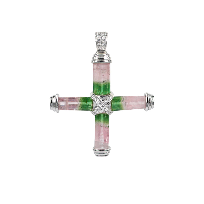Watermelon Tourmaline Diamond Cross Pendant