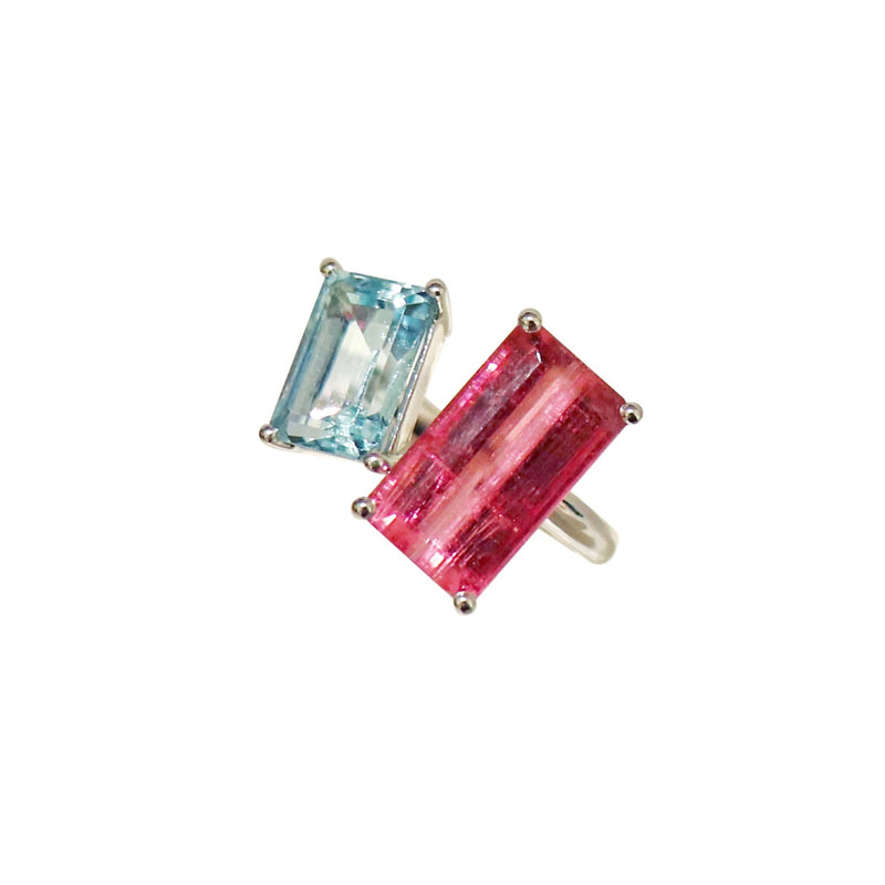 Aquamarine and Pink Tourmaline Duette ring