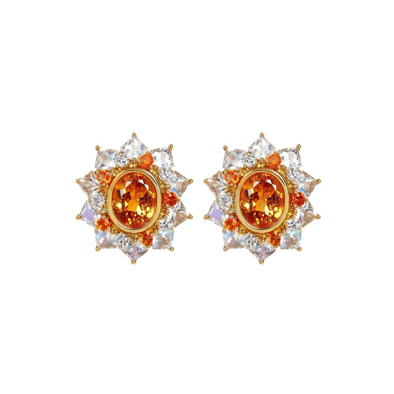 African Mandarin Orange Garnet, Moonstone, Fire Opal and Diamond Earrings