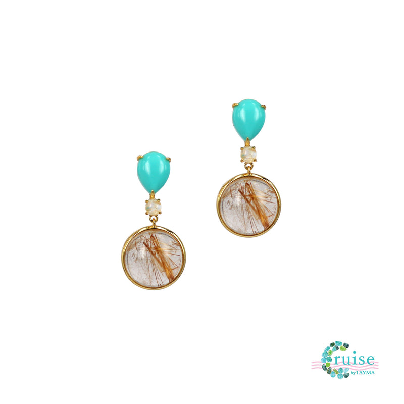 Turquoise moonstone and angel hair quartz earrings