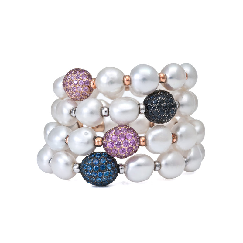 Romantic pearl bangles with pave pink, yellow and black sapphires