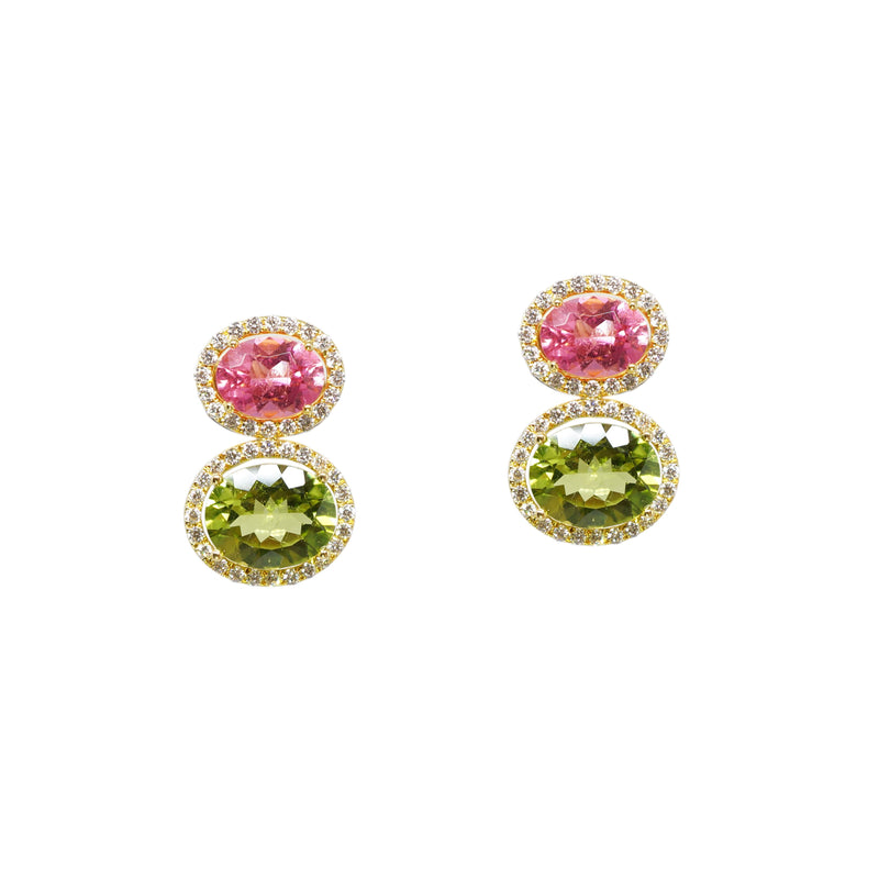 Pink Tourmaline and Peridot Diamond Earrings
