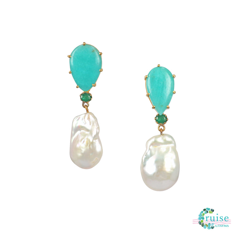 Amazonite Emerald and Baroque Freshwater Pearl earrings