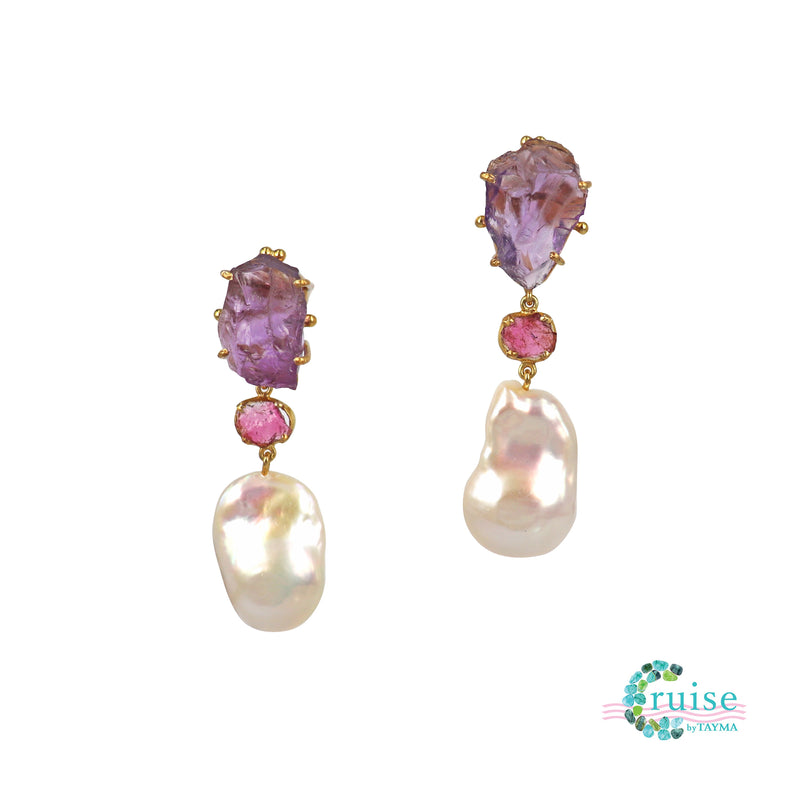 Amethyst Tourmaline and Baroque Freshwater Pearl earrings