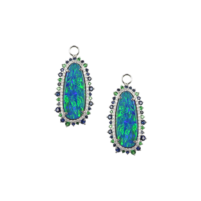 Australian Opal, Blue Sapphire and Tsavorite garnet Earring Drops