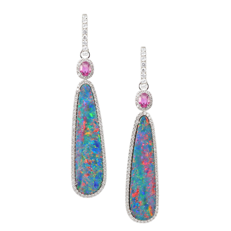 Bush Fire Australian Opal and Pink Sapphire Earring Drops