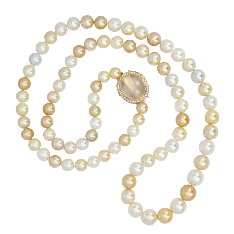 Rare Graduated South Sea Pearls Necklace with Cats Eye Moonstone Diamond clasp
