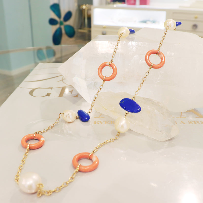 Vintage Coral, Lapis Lazuli and Freshwater Pearl necklace