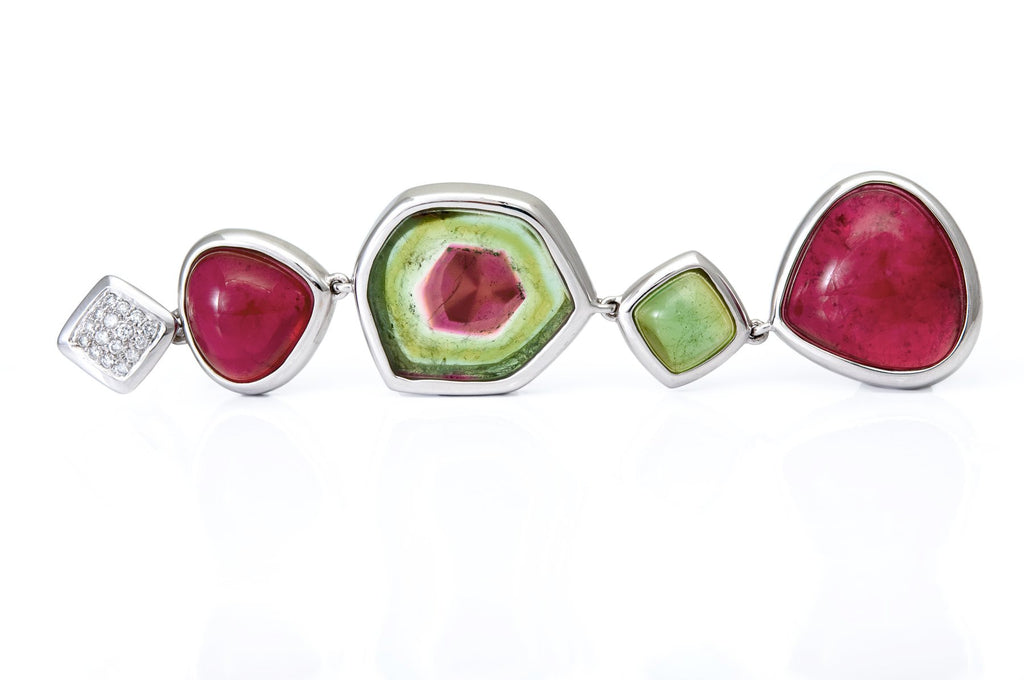 Spectacular watermelon tourmaline and rubellite pendant with diamonds