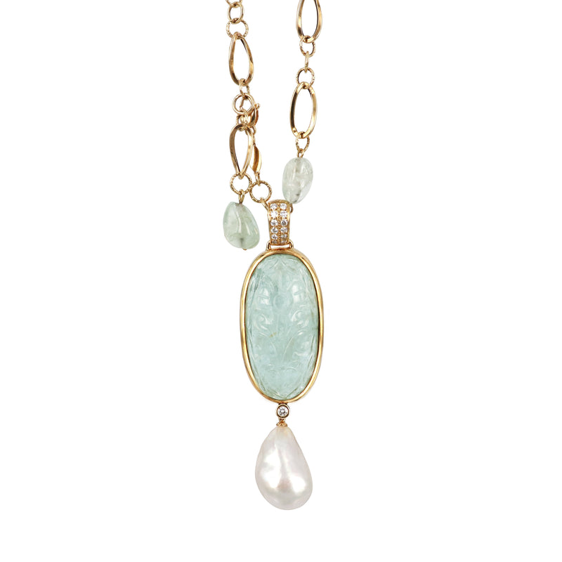 Hand carved aquamarine and southsea pearl diamond pendant