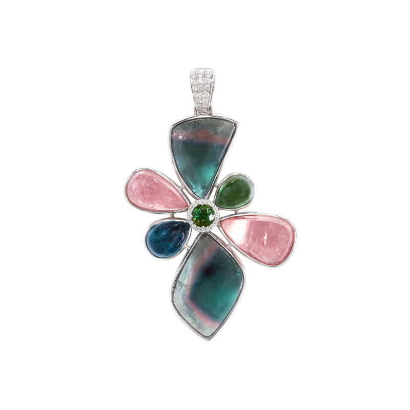 Spectacular Pink, Green and Watermelon tourmaline pendant with diamonds