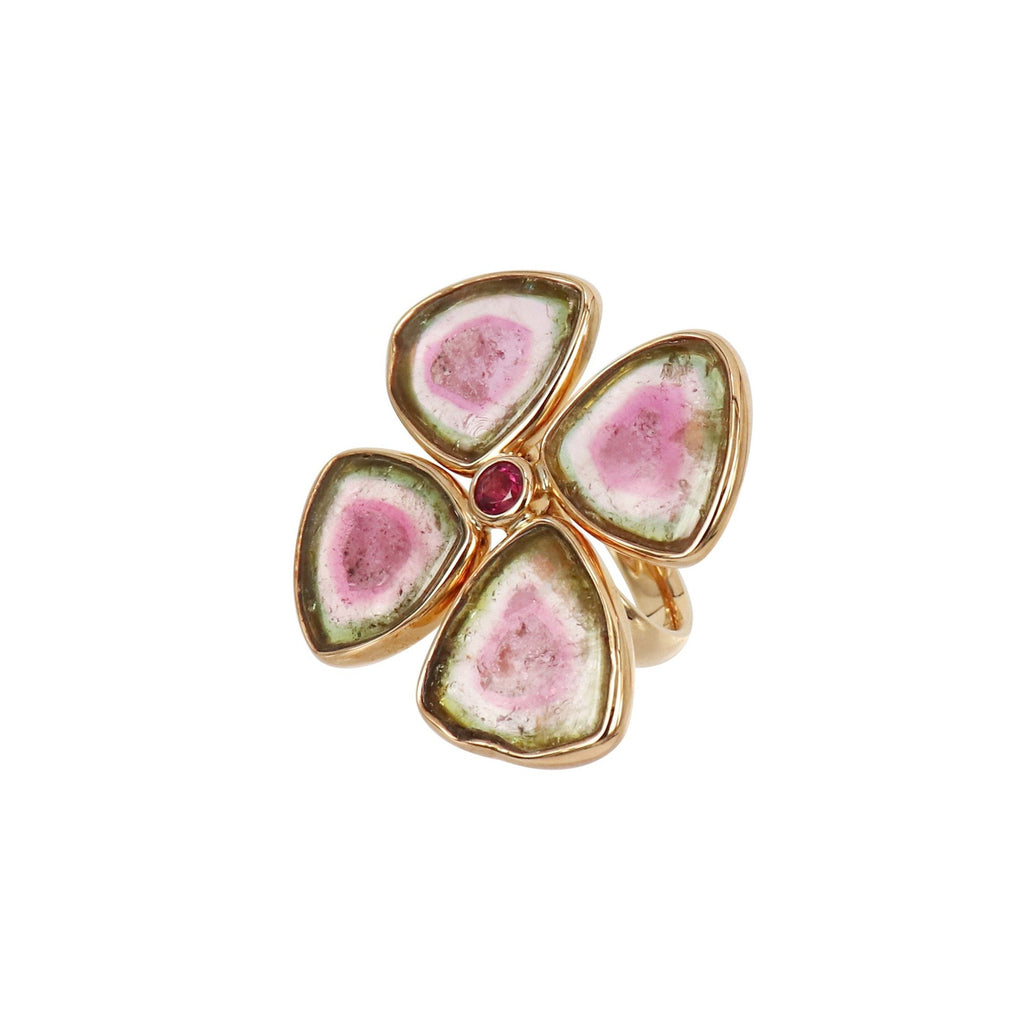 Watermelon and Pink Tourmaline Gold Clover Ring