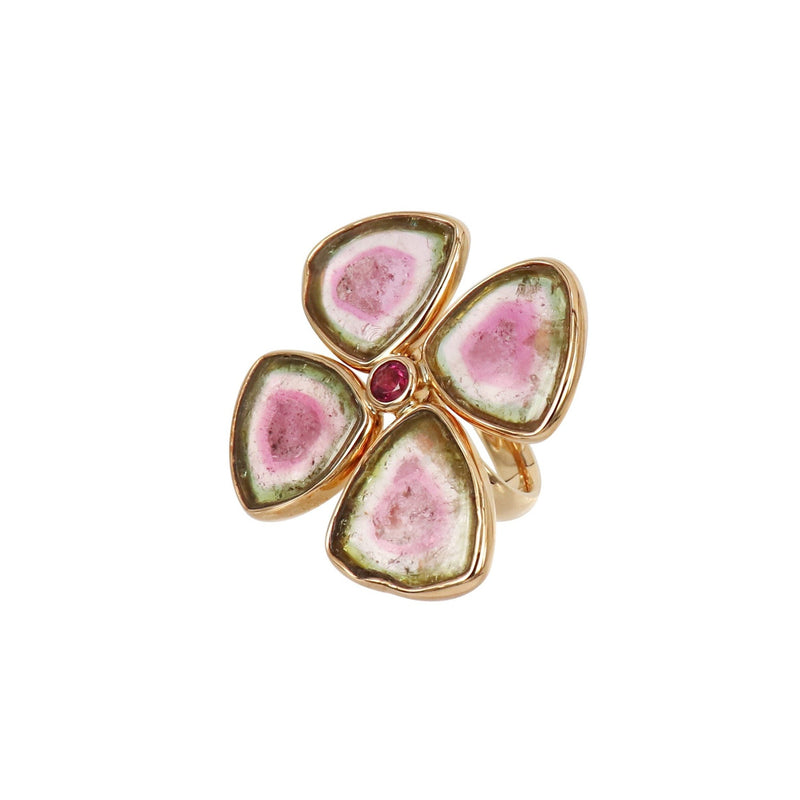 Watermelon and Pink Tourmaline Gold Clover Ring