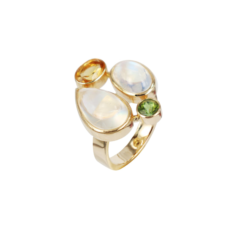 Cabochon Blue Moonstone Green Tourmaline and Citrine Ring