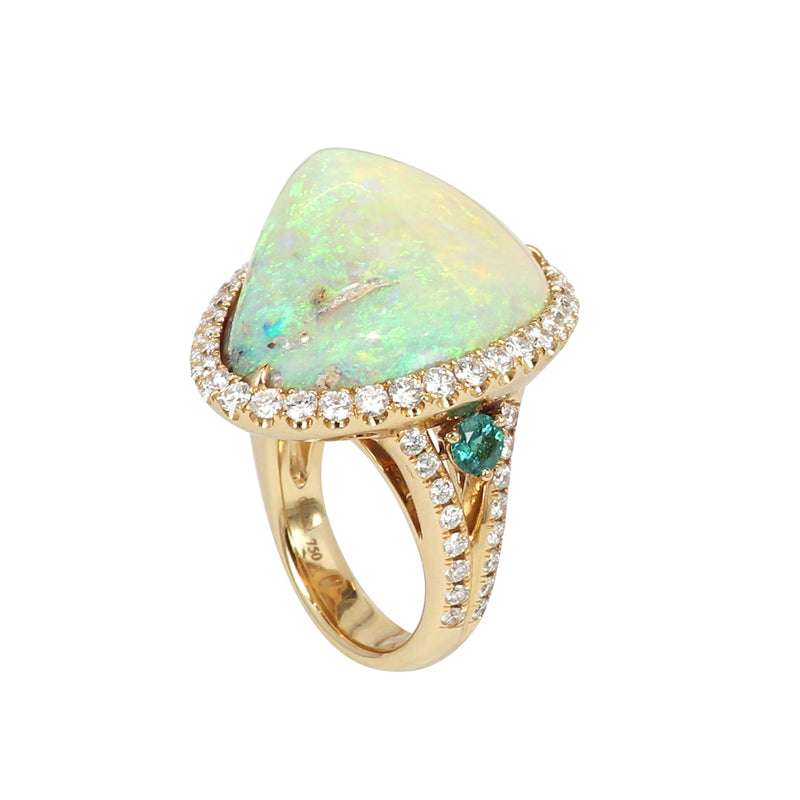 Opalised Fossil Shell diamond and Paraiba ring