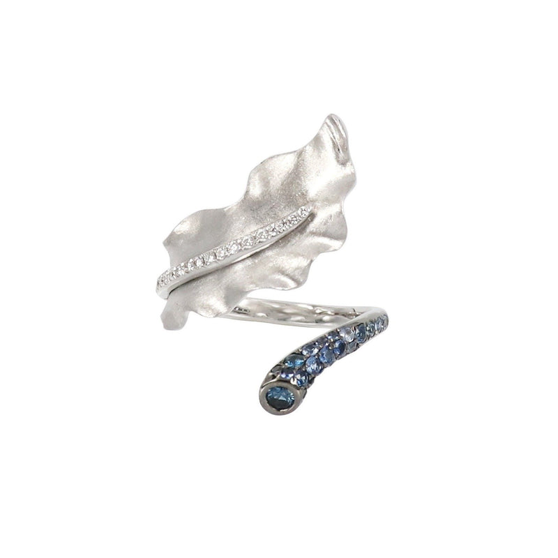 Leaf ring with blue sapphire and white natural diamonds
