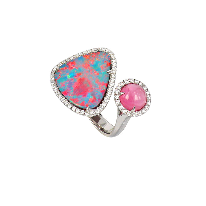 Bush Fire Opal, Pink Tourmaline and Diamond Duette Ring
