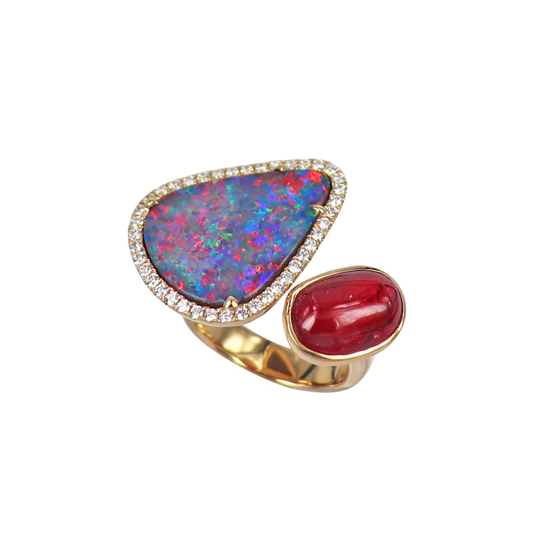Bush Fire Opal and Spinel Diamond Duette Ring