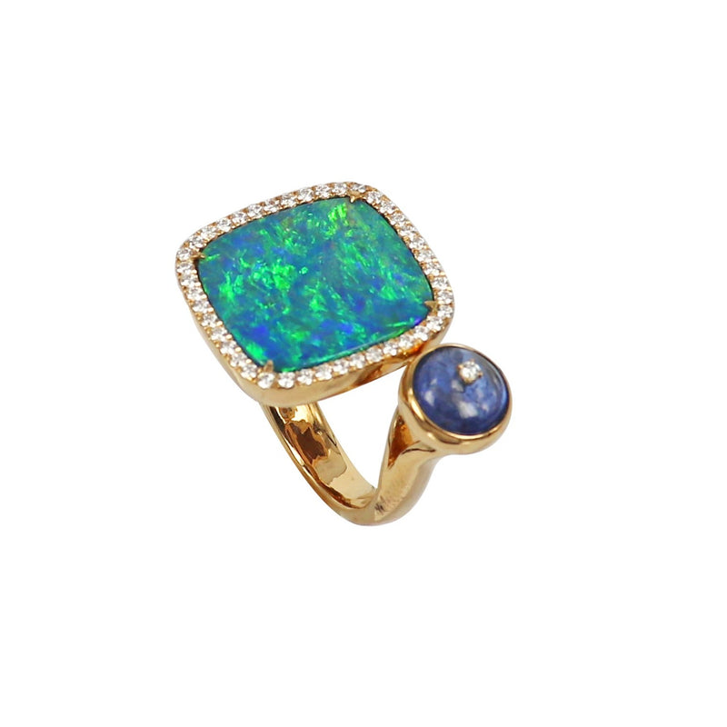 Australian Opal and Tanzanite Diamond Duette Ring